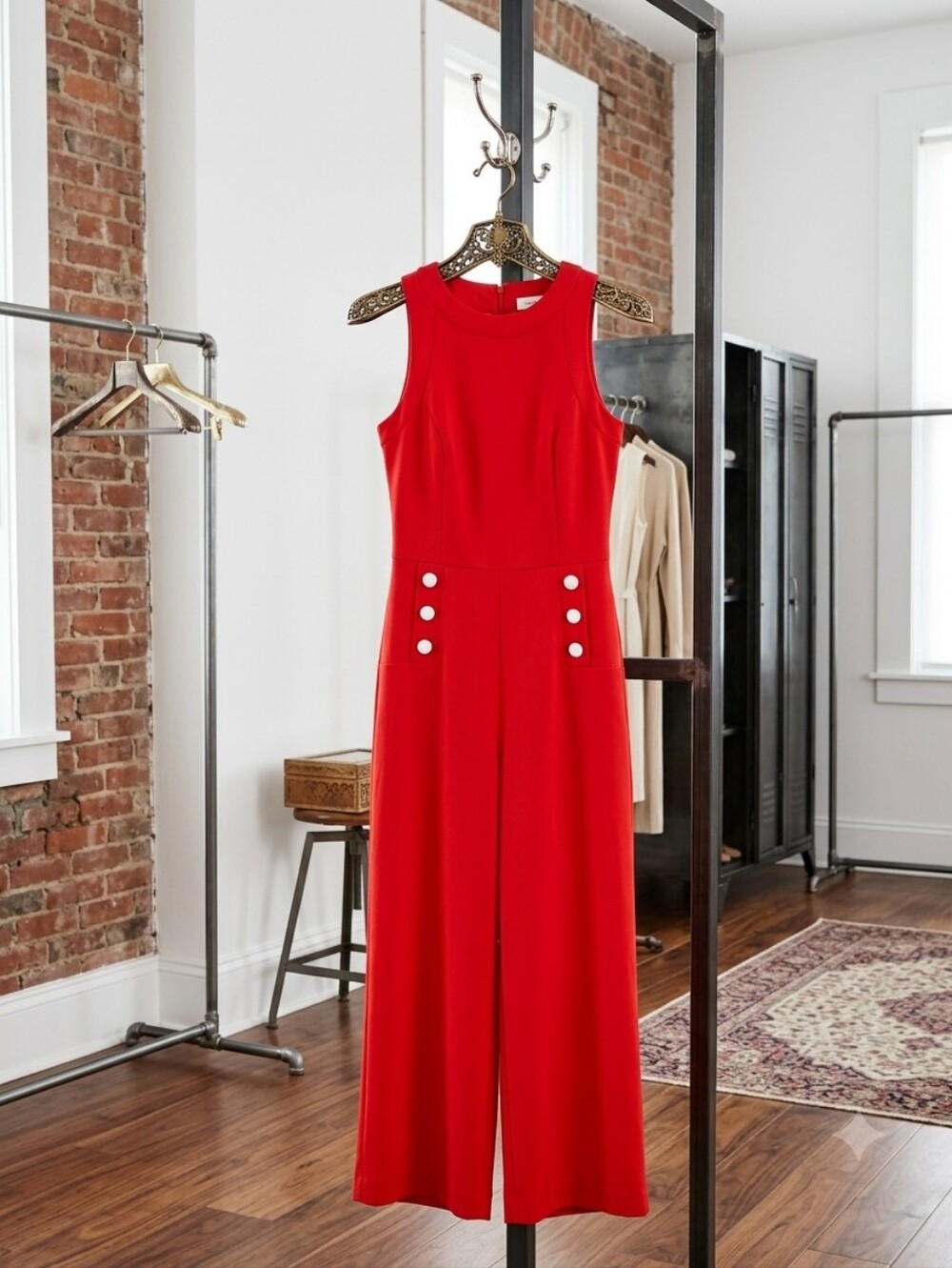 Karl Lagerfeld Bold Red Sleeveless Wide-Leg Jumpsuit with Button Accents